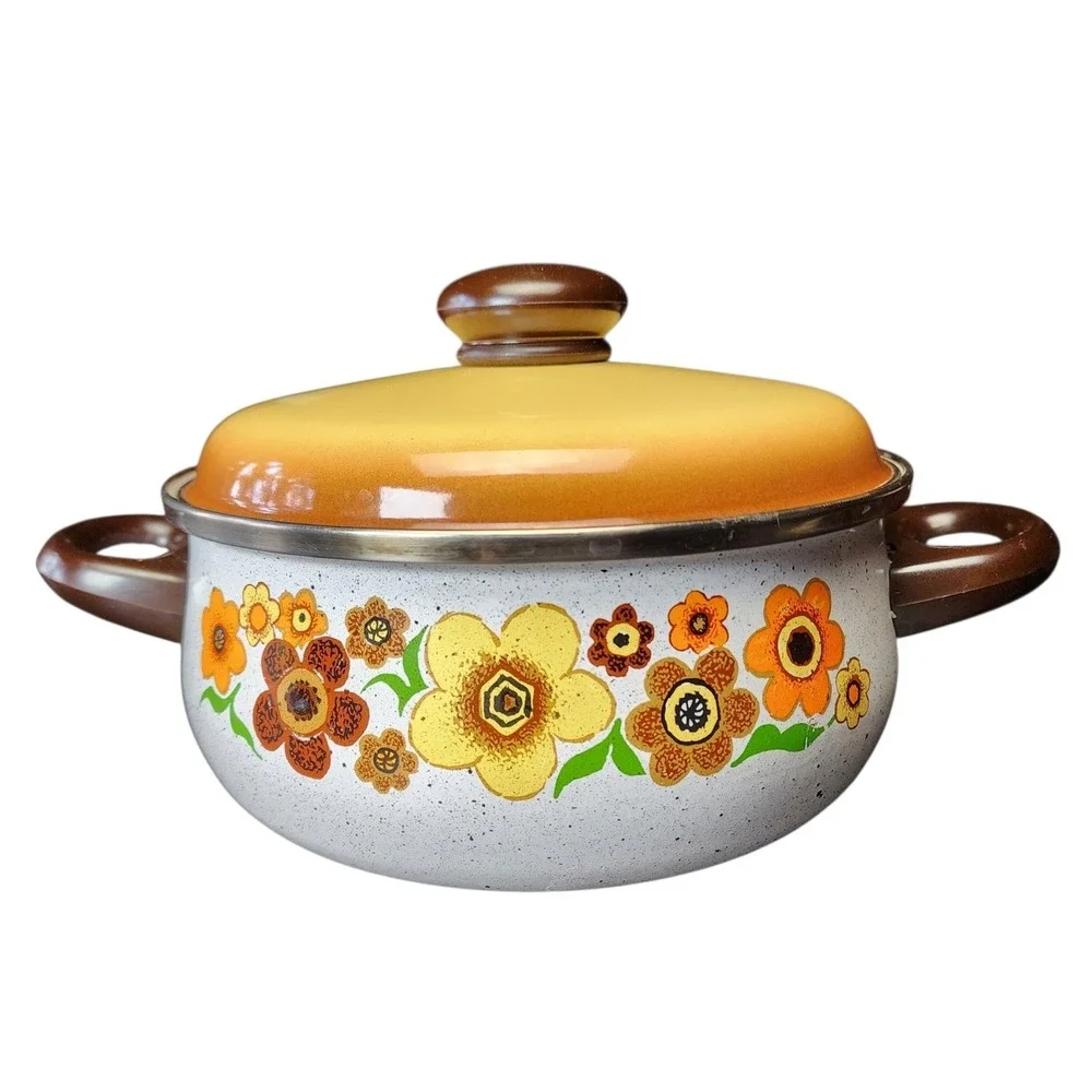 Harvest Blossom 8in Orange Yellow 70s Vintage Floral Enamel Stock Pot Dutch Oven